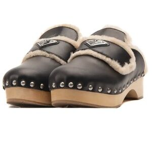 PRADA - Black Leather Stud Shearling Lined Clog 45mm